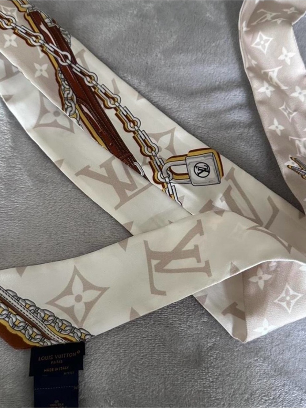 Louis Vuitton Cream and Tan Monogram Silk Twilly with Chain Motif